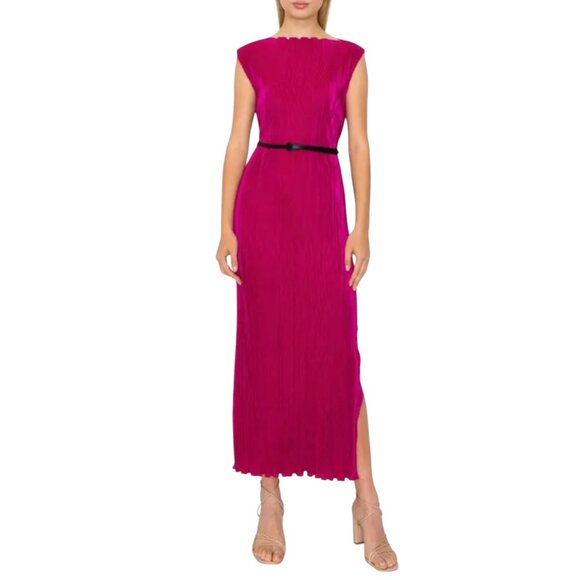 NWT Women's MELLODAY Cap Sleeve Belted Plissé Dress Raspberry | Size M - Picture 3 of 15